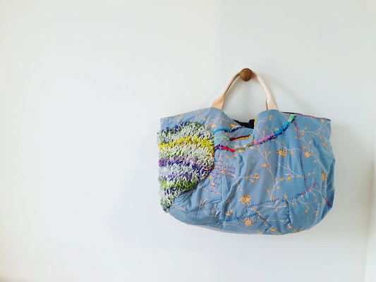 Bag Hand Sewn Bag Fabric Genuine Leather Handle Slow Fashion Handmade 1866