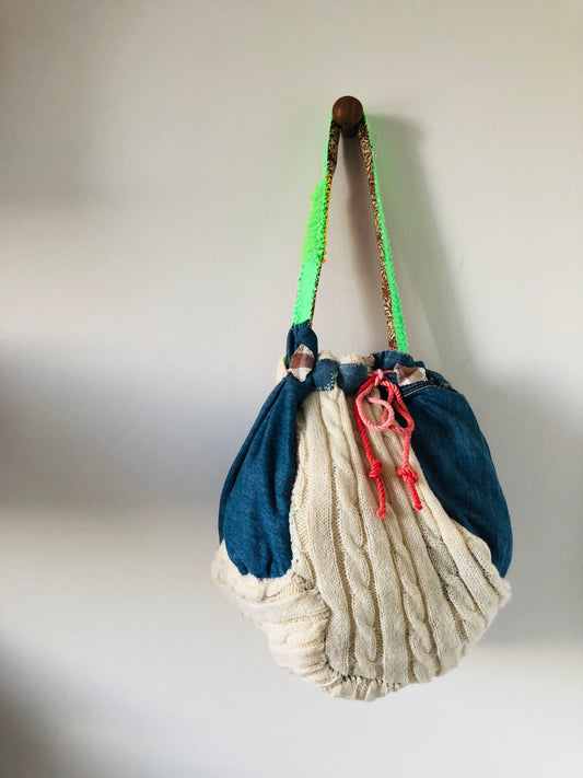Bag Hand-stitched bag, fabric, drawstring, tote bag, one-handle bag, Nordic, slow fashion, handmade, 2506