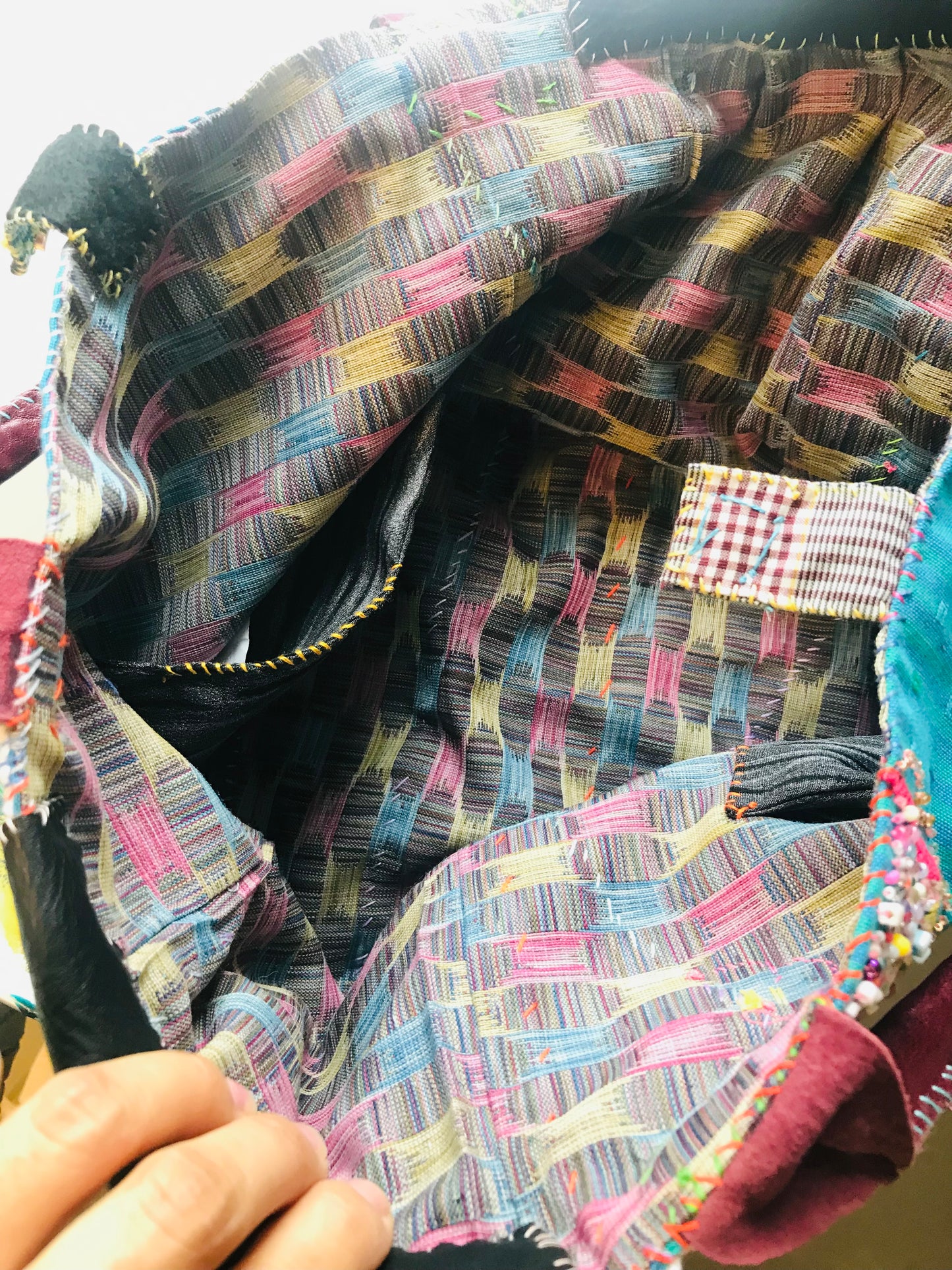 Bag 手縫いのバッグ 布製 本革持ち手 スローファッション ハンドメイド 1806