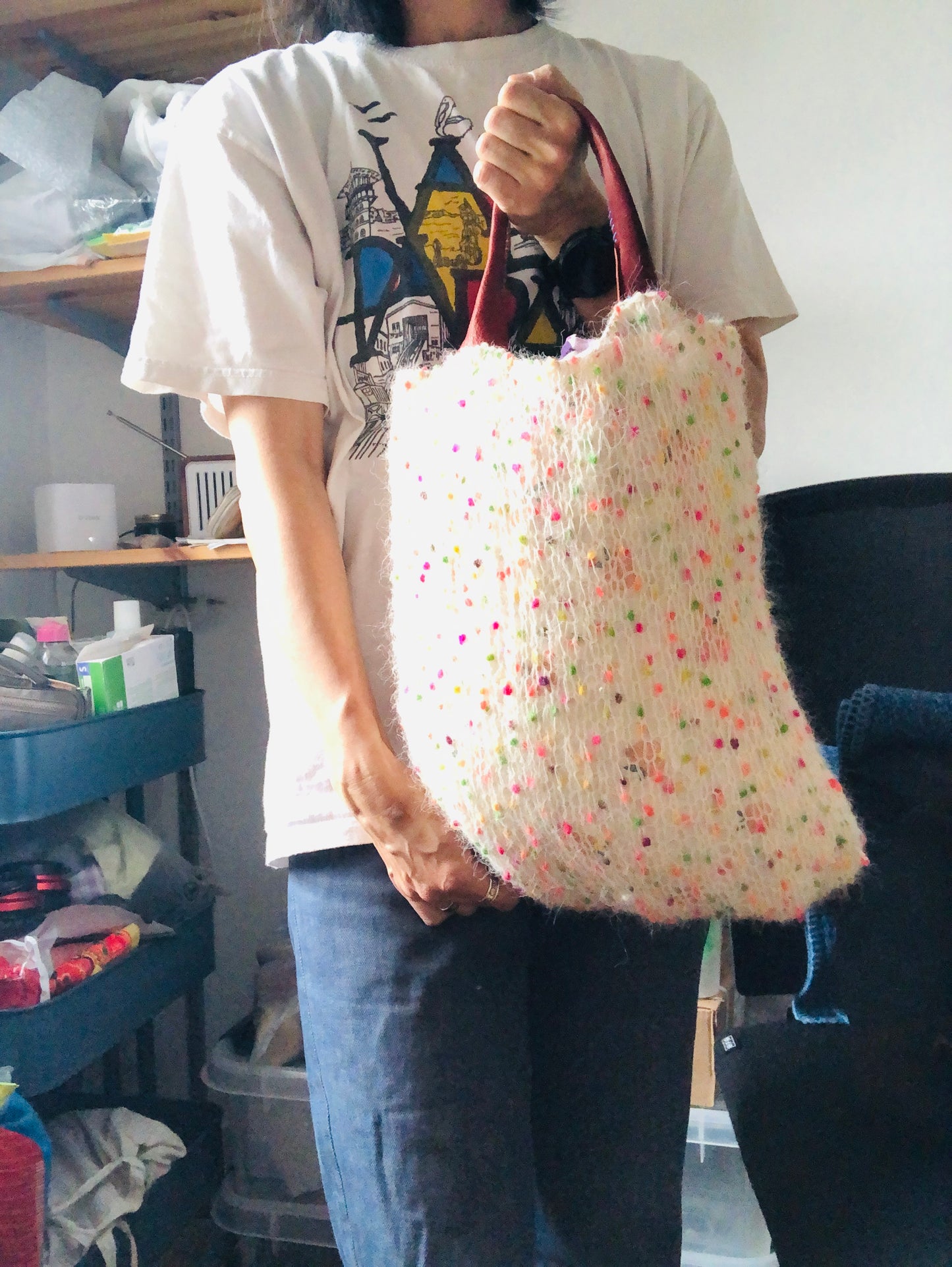 Bag, hand-sewn, fabric, knitted, tote bag, slow fashion, handmade, 2447