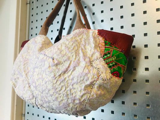 Bag 手縫いのバッグ 布製 本革持ち手 スローファッション ハンドメイド 1802