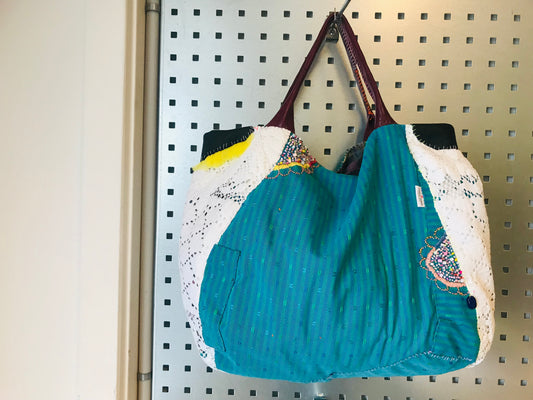 Bag 手縫いのバッグ 布製 本革持ち手 スローファッション ハンドメイド 1806