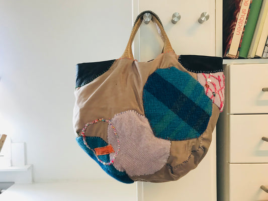 Bag Hand Sewn Bag Fabric Genuine Leather Handle Slow Fashion Handmade 1853