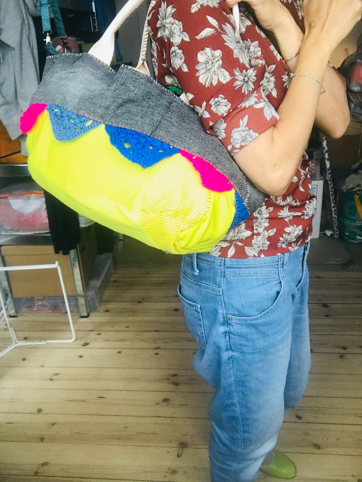 Bag 手縫いのバッグ 布製 本革持ち手 スローファッション ハンドメイド 1780