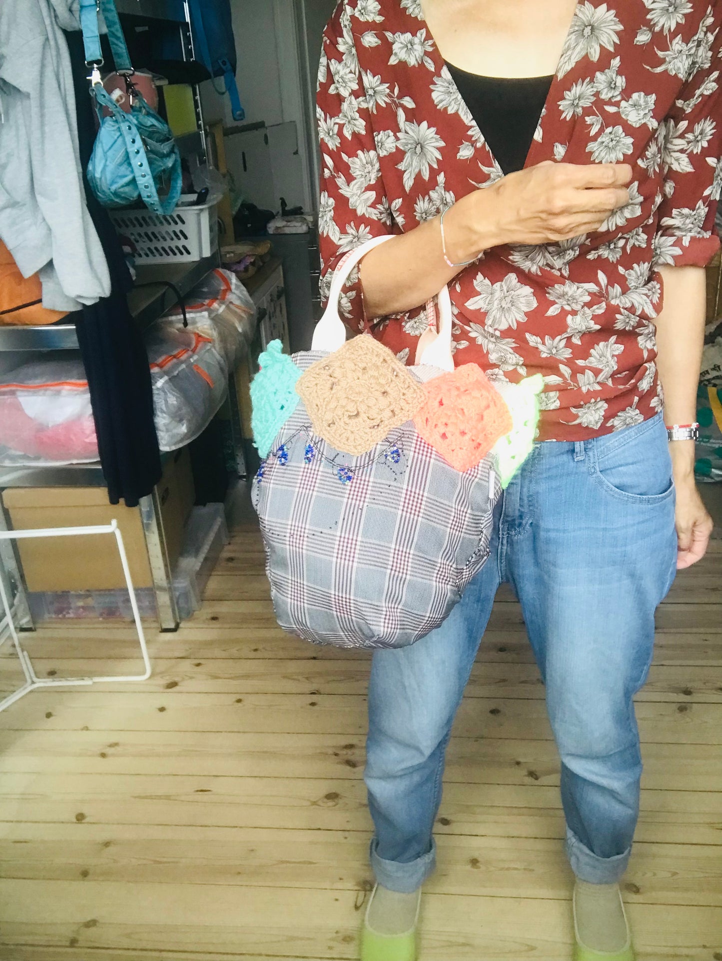 Bag 手縫いのバッグ 布製 本革持ち手 スローファッション ハンドメイド 1788