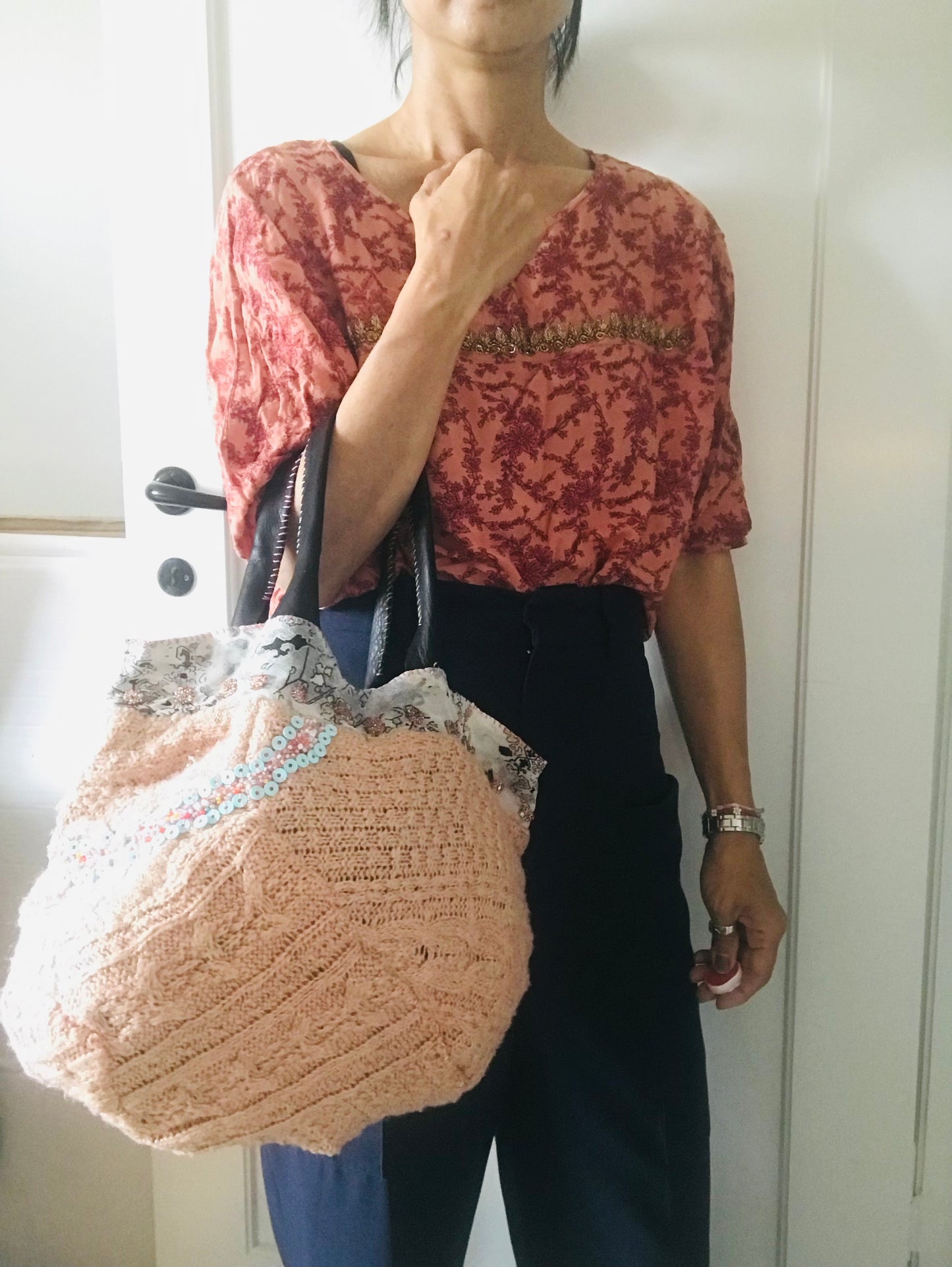 Taske håndsyet taske stof ægte læder håndtag slow fashion håndlavet 1665