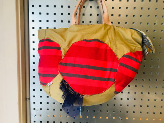 Bag 手縫いのバッグ 布製 本革持ち手 スローファッション ハンドメイド 1801
