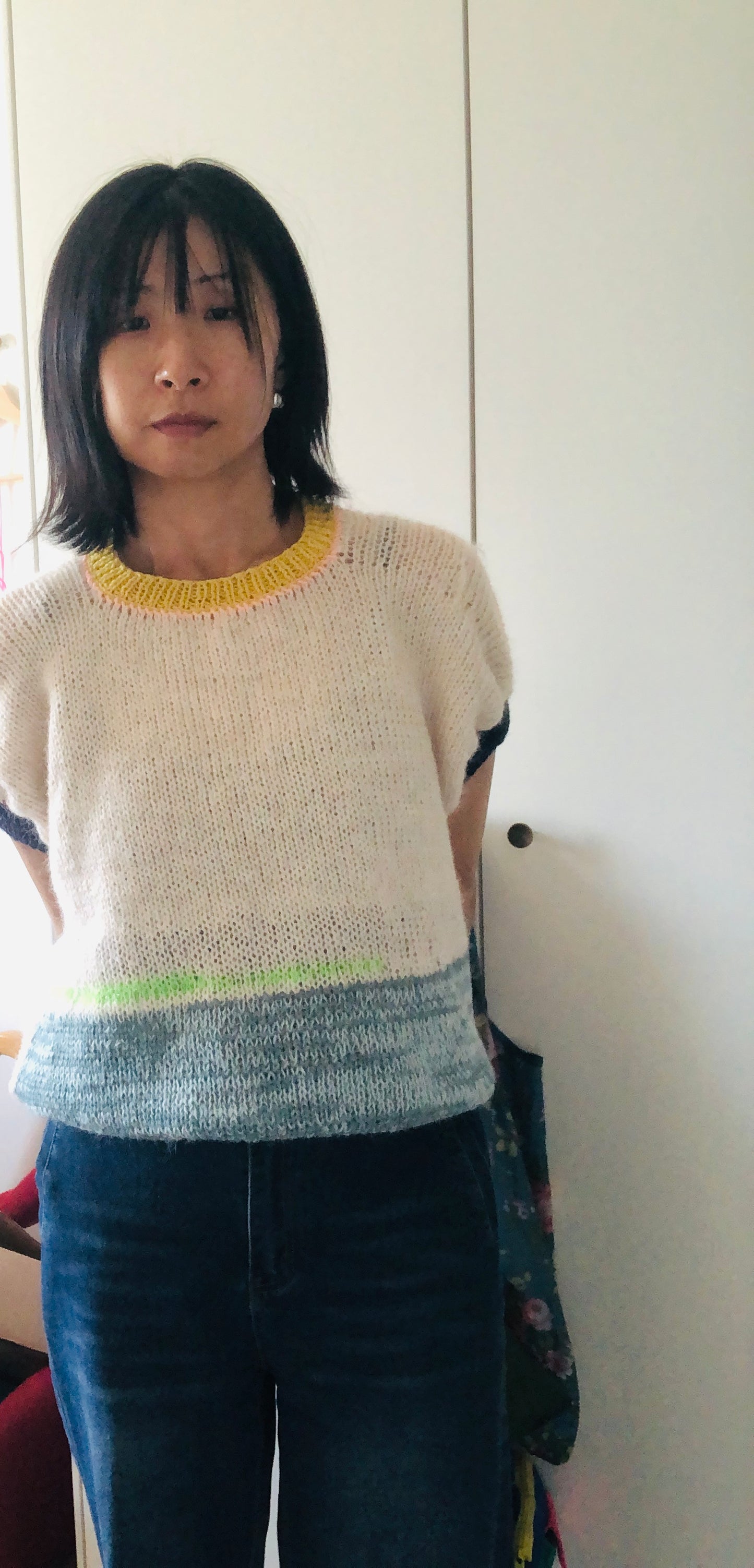 Short-sleeved knit sweater, summer sweater, knitting, yarn, wool, mohair, slow fashion, fancy yarn, short-sleeved, one-of-a-kind, 2446