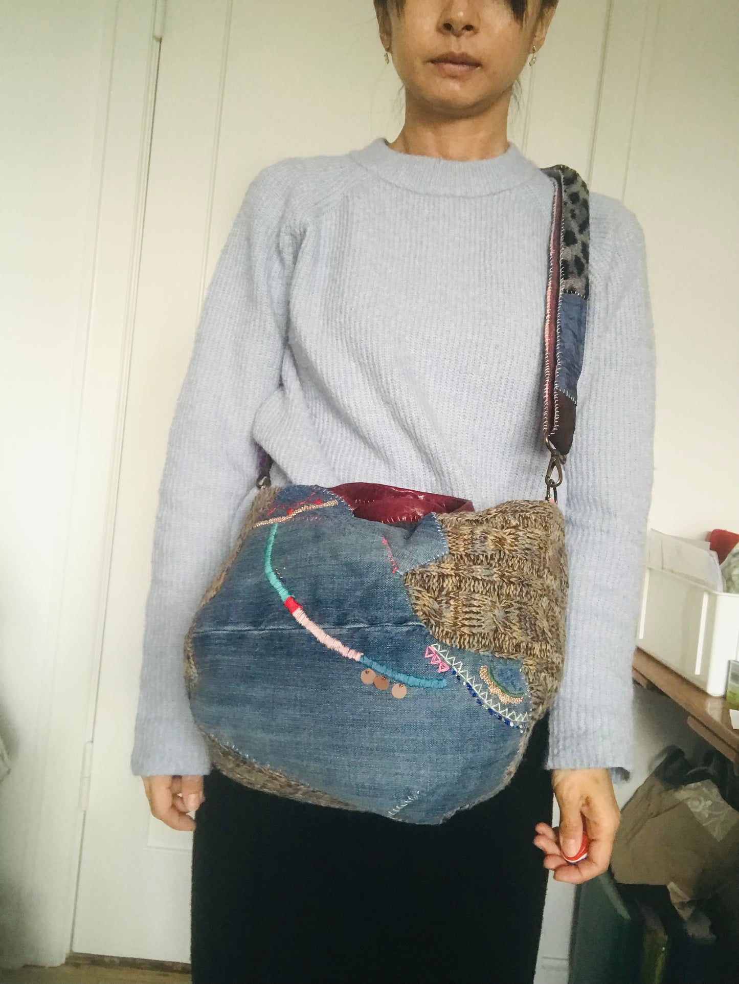 Taske håndsyet taske stof ægte læder håndtag slow fashion håndlavet 1732