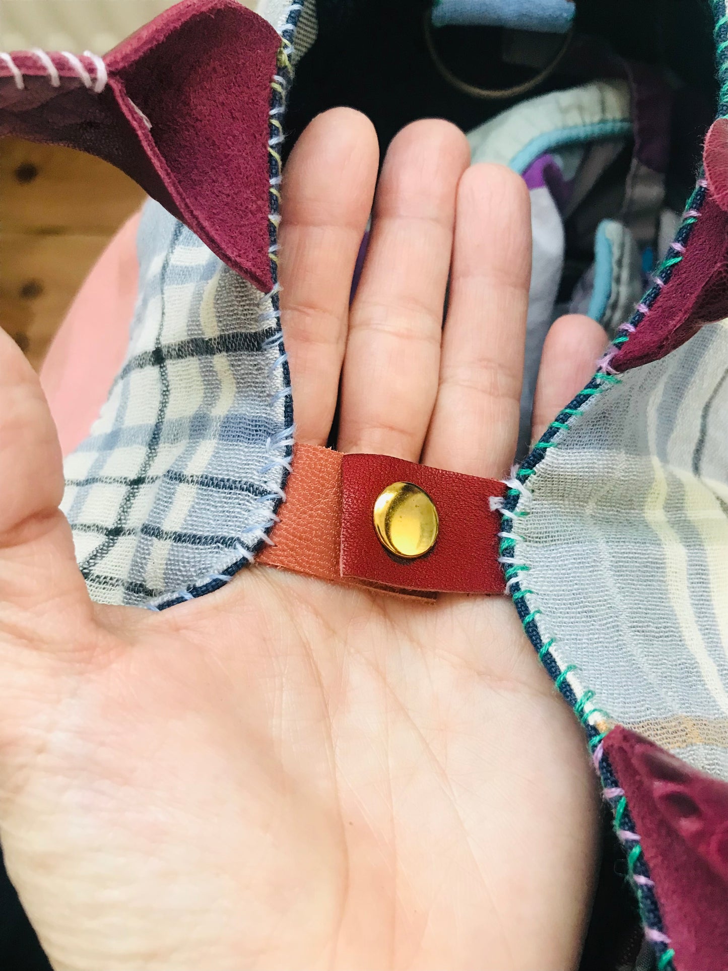 Bag 手縫いのバッグ 布製 本革持ち手 スローファッション ハンドメイド 1736