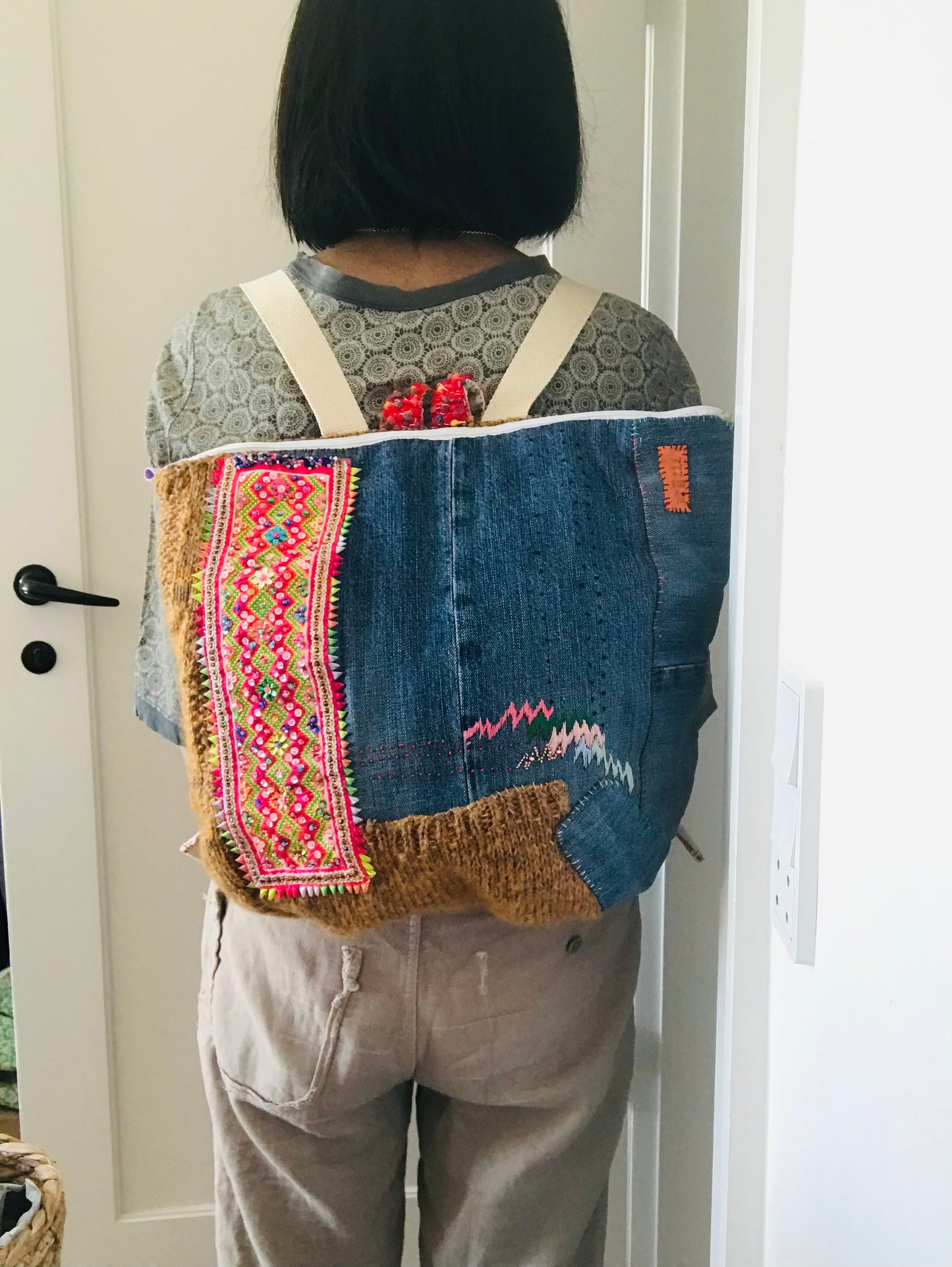 Rucksack Beaded Embroidered Hand Sewn Fabric Canvas 1586