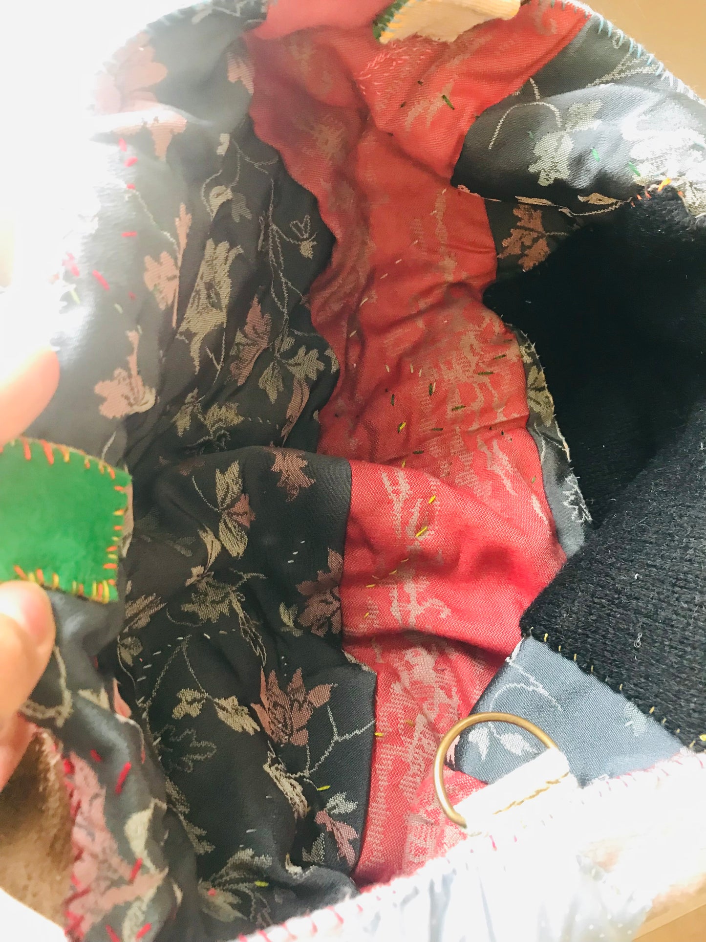 Bag 手縫いのバッグ 布製 本革持ち手 スローファッション ハンドメイド 1804