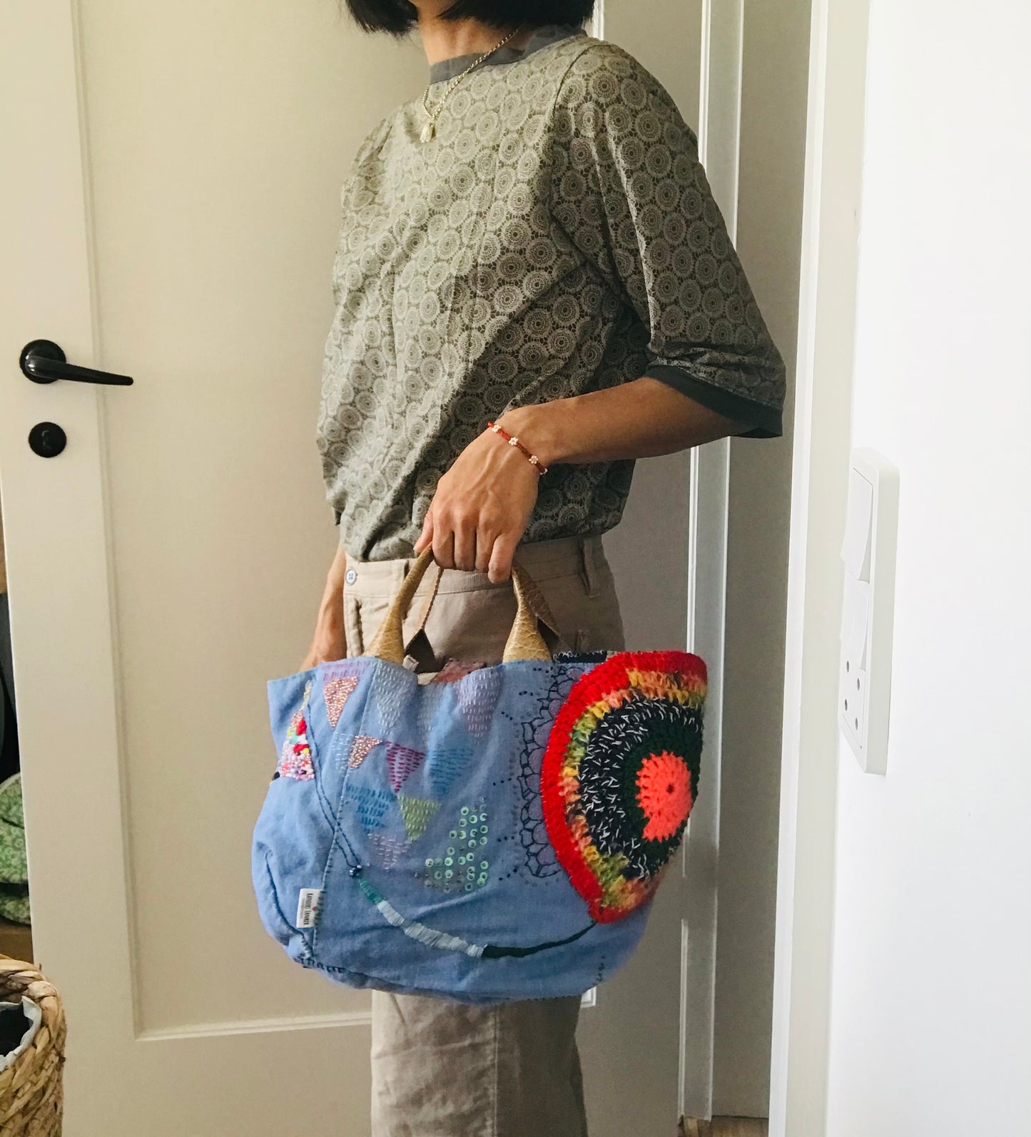 Bag 手縫いのバッグ 布製 本革持ち手 スローファッション ハンドメイド 1743