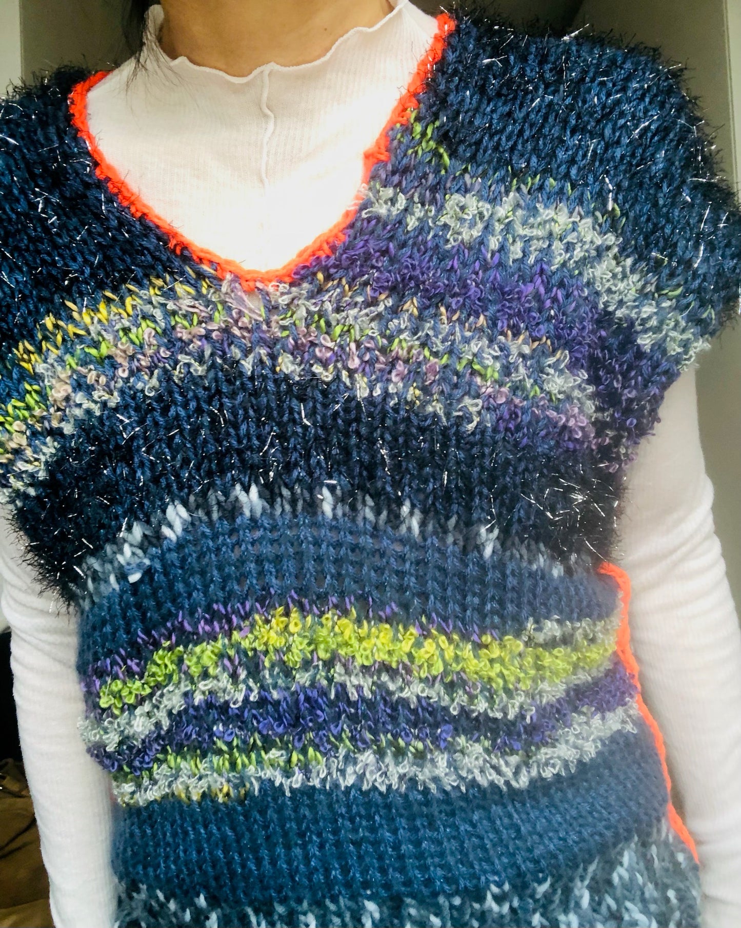 Sweater Hand Knitted Slow Fashion Fancy Yarn Oneofakind Short Mohair 2188