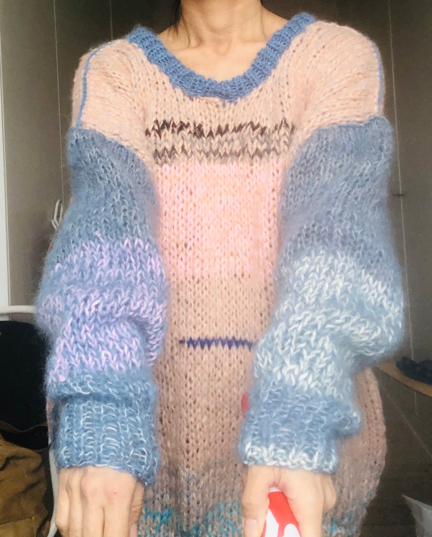 Sweater Hand Knitted Slow Fashion Fancy Yarn Oneofakind Short Mohair 2187