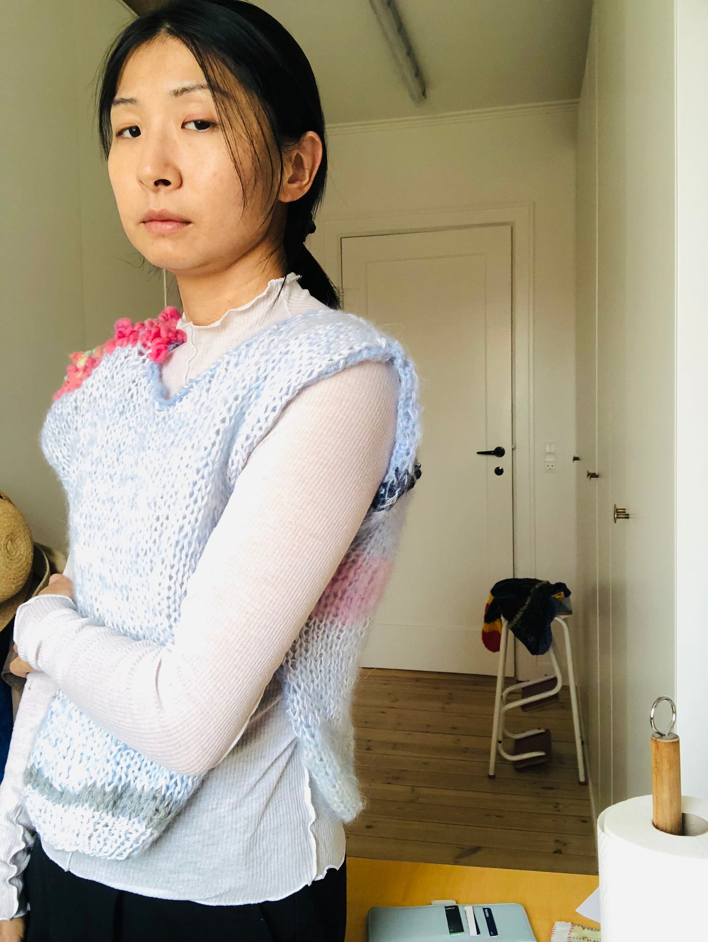 Sweater Hand Knitted Slow Fashion Fancy Yarn Oneofakind Short Mohair 2204