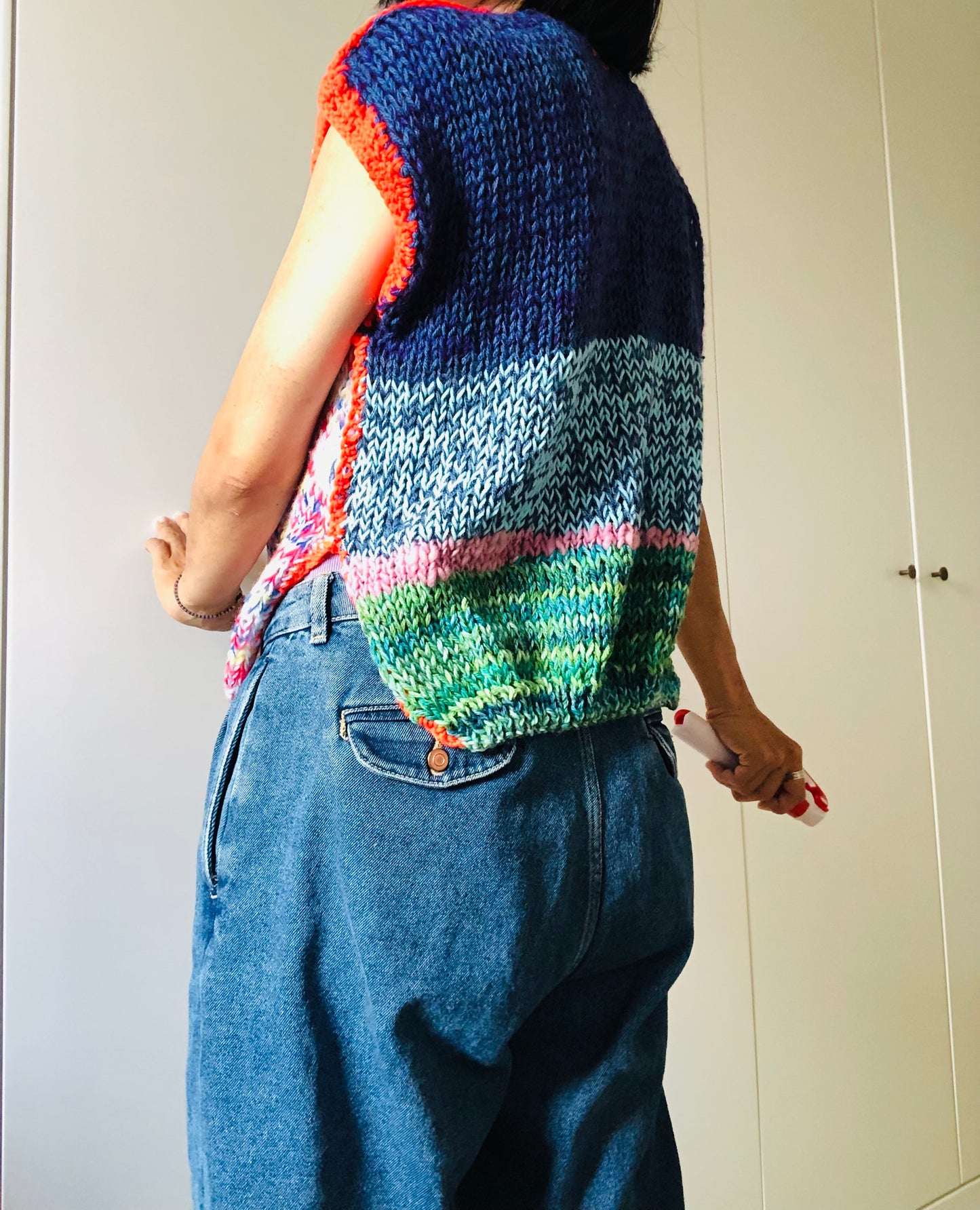 Hand-knitted sweater, slow fashion, fancy yarn, oneofakind, short sleeves, short length, 2258