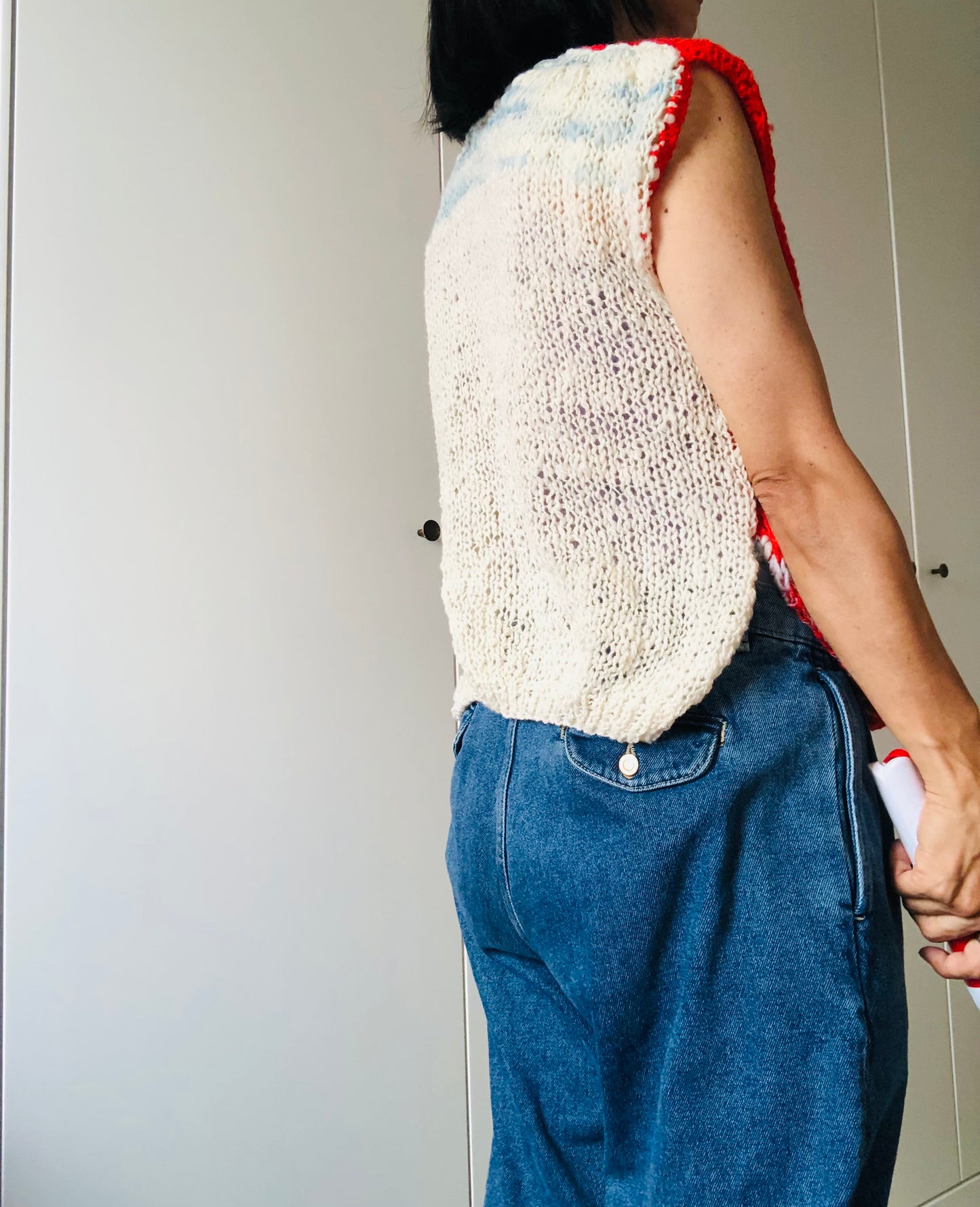 Hand-knitted sweater, slow fashion, fancy yarn, oneofakind, short sleeves, short length, 2257