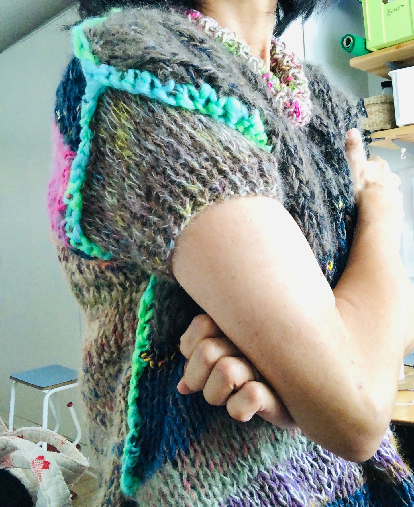 Hand-knitted sweater, slow fashion, fancy yarn, oneofakind, short sleeves, short length, 2278