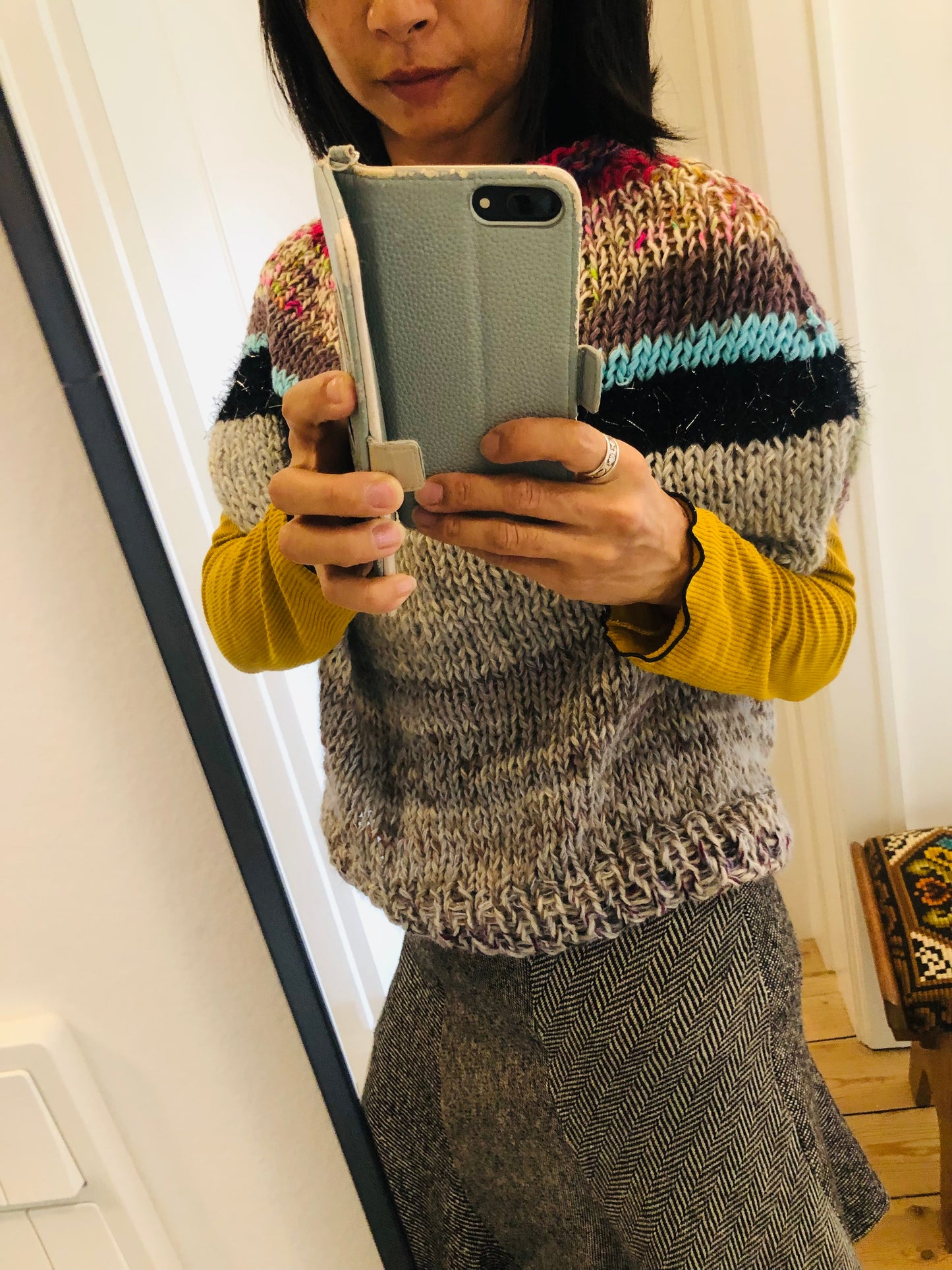 Hand-knitted sweater, slow fashion, fancy yarn, oneofakind, vest, poncho, 2301