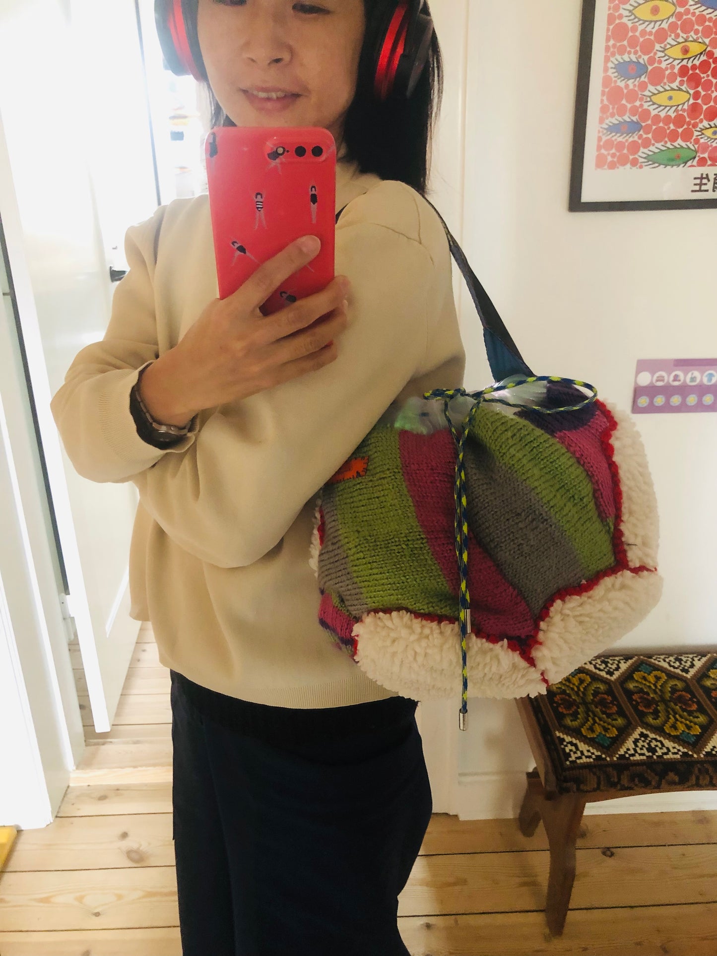 Hand-sewn fabric drawstring bag, slow fashion, handmade, 2309