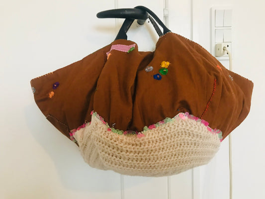 Taske håndsyet taske stof ægte læder håndtag slow fashion håndlavet 1508