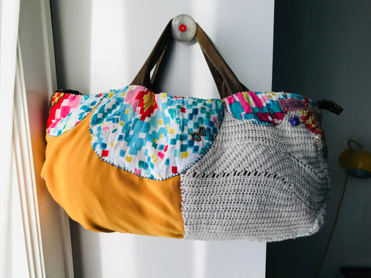 Taske håndsyet taske stof ægte læder håndtag håndlavet 1632