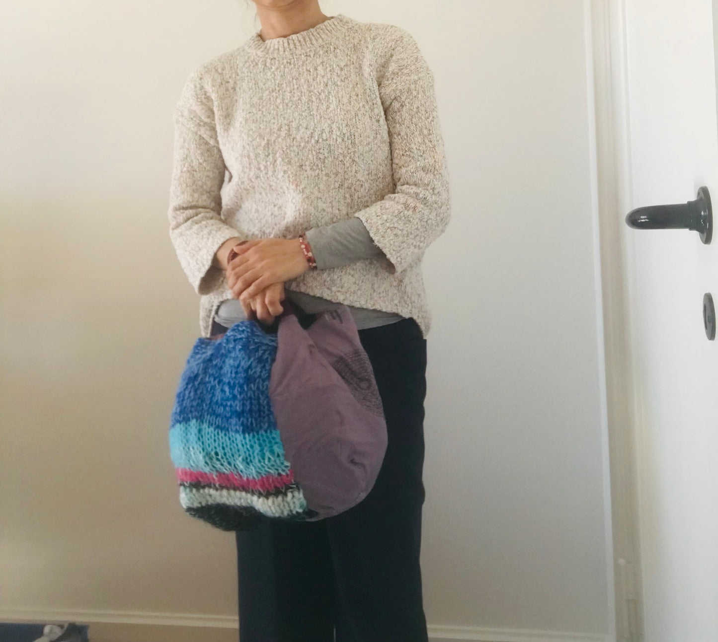 Taske håndsyet taske stof ægte læder håndtag slow fashion håndlavet 1696