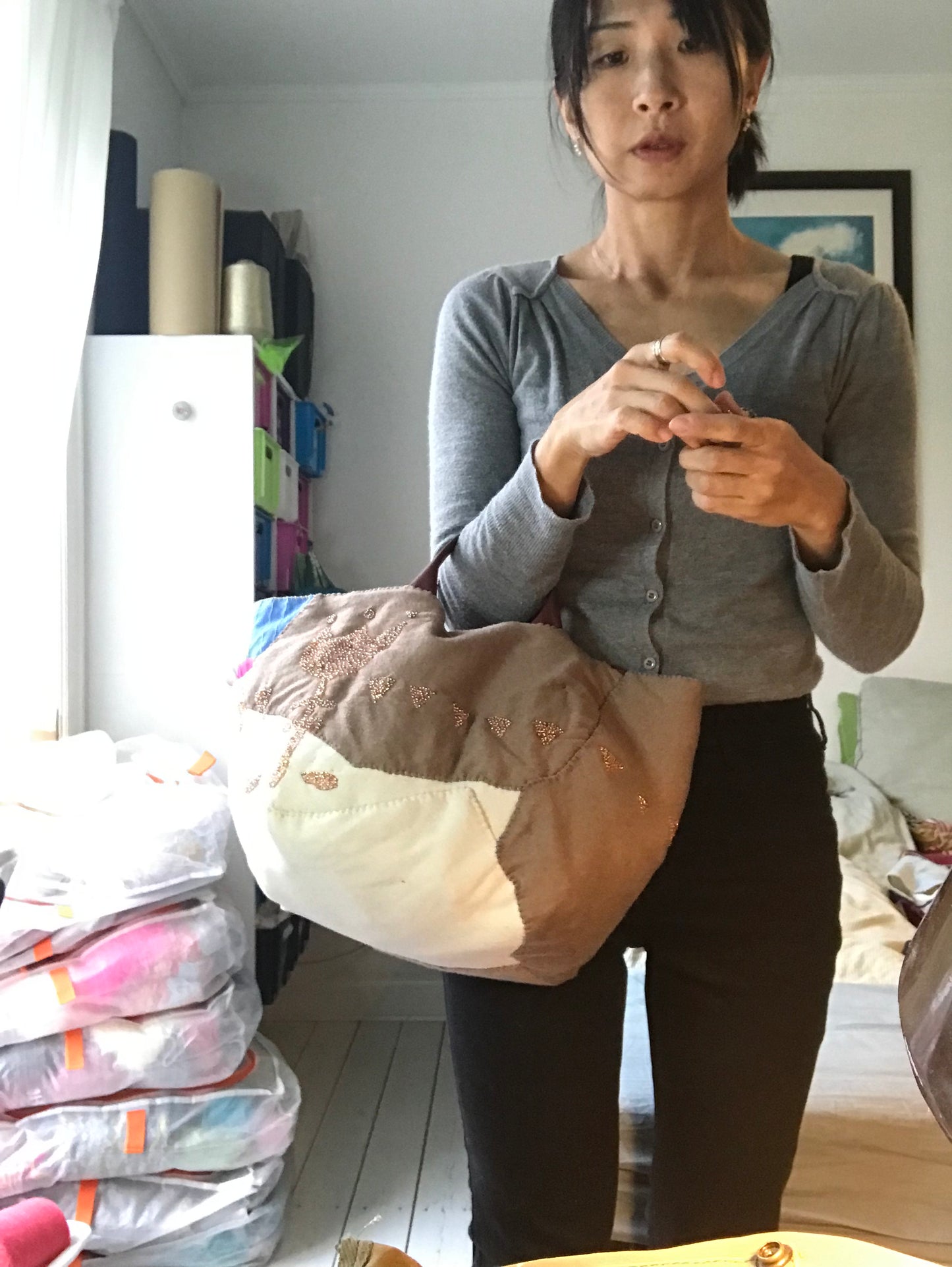 Taske håndsyet taske stof ægte læder håndtag håndlavet 1581