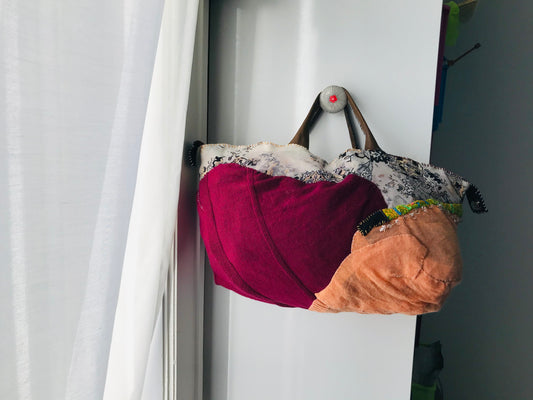 Taske håndsyet taske stof ægte læder håndtag håndlavet 1627