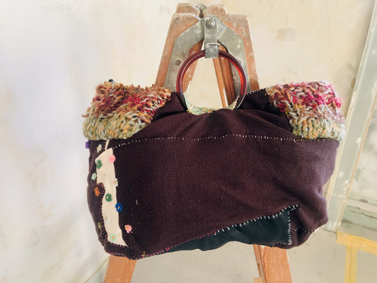 Taske håndsyet taske stof ægte læder håndtag slow fashion håndlavet 1666