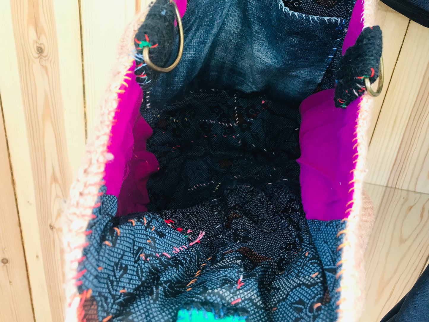 Taske håndsyet taske stof ægte læder håndtag slow fashion håndlavet 1699