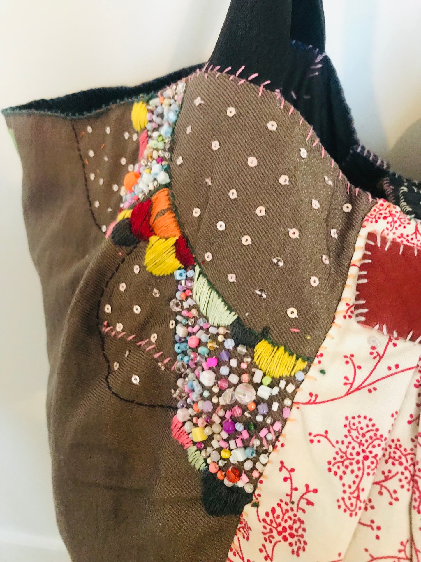 Bag 手縫いのバッグ 布製 本革持ち手 スローファッション ハンドメイド 1685