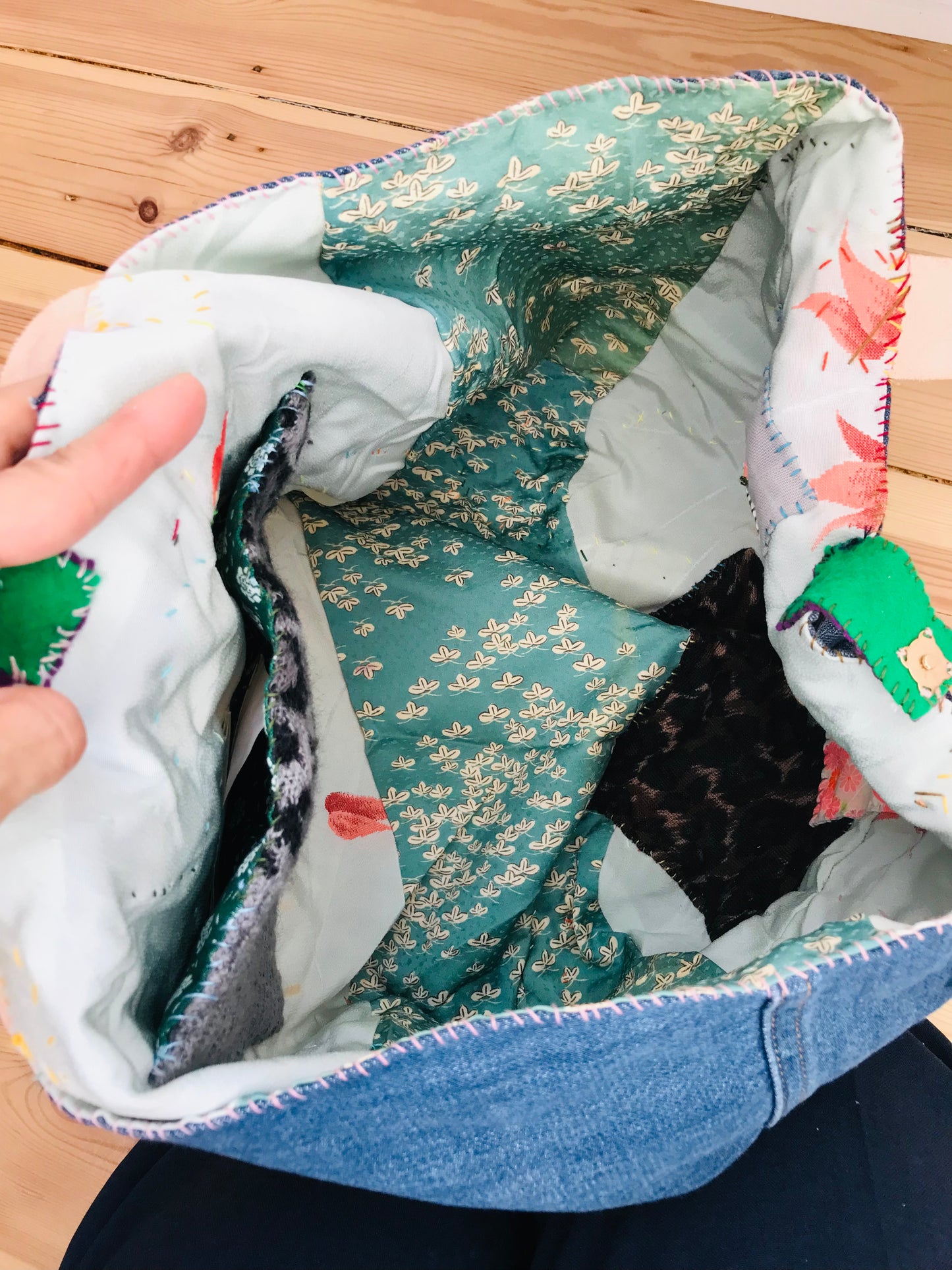 Taske håndsyet taske stof ægte læder håndtag slow fashion håndlavet 1703