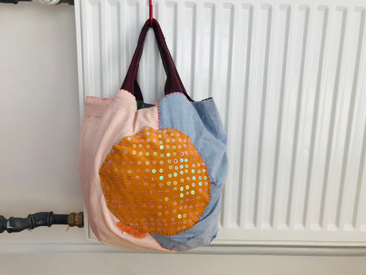 Taske håndsyet taske stof ægte læder håndtag slow fashion håndlavet 1701