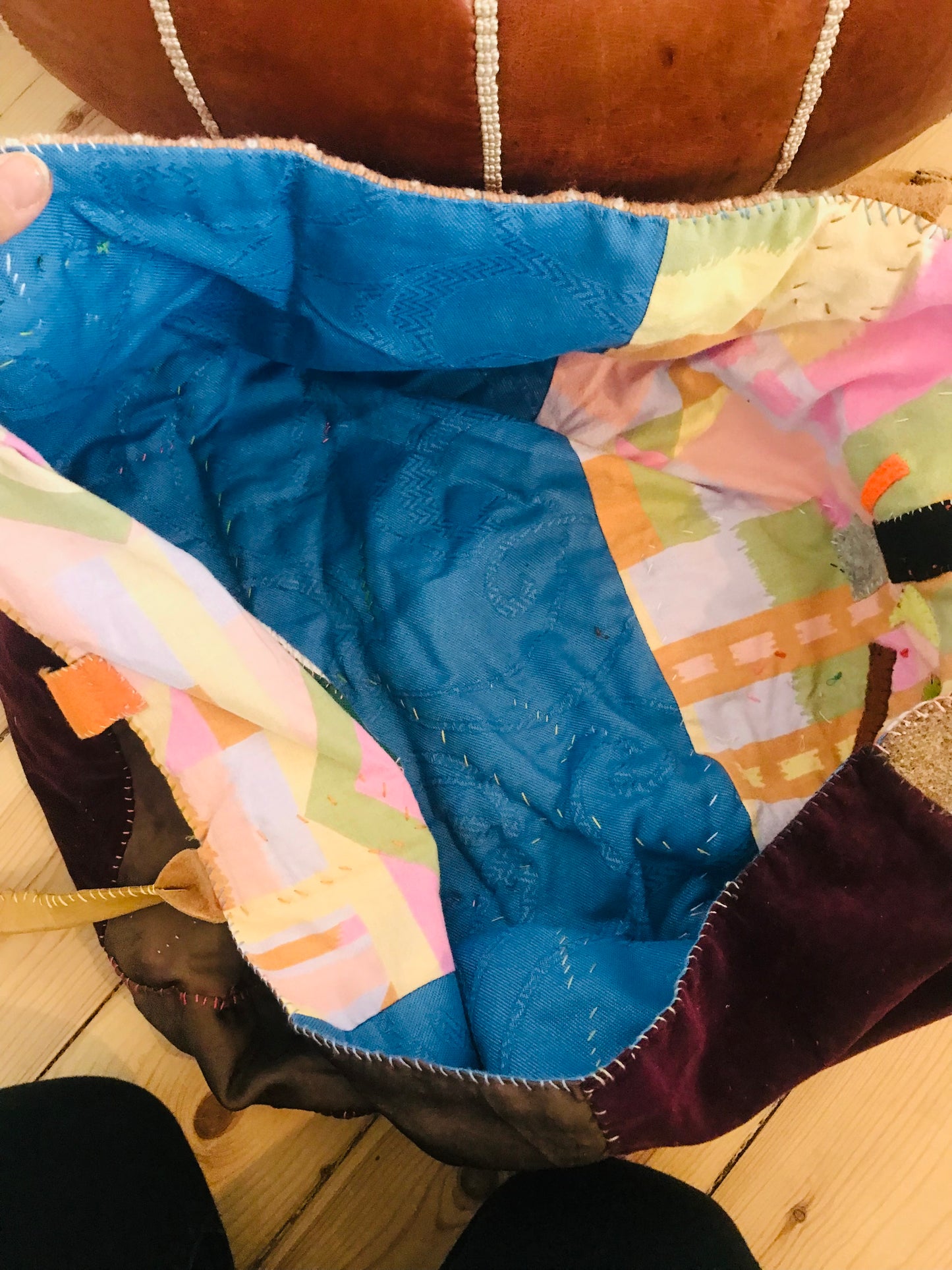 Taske håndsyet taske stof ægte læder håndtag slow fashion håndlavet 1687