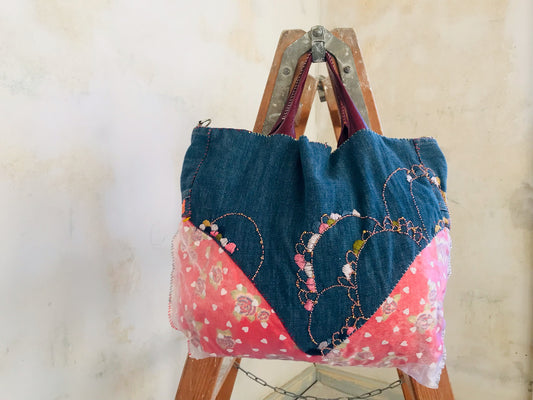 Taske håndsyet taske stof ægte læder håndtag slow fashion håndlavet 1672