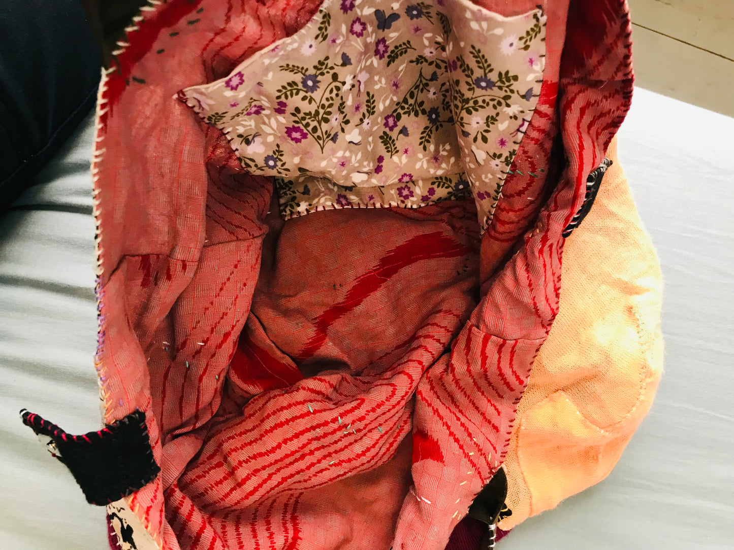 Taske håndsyet taske stof ægte læder håndtag håndlavet 1627