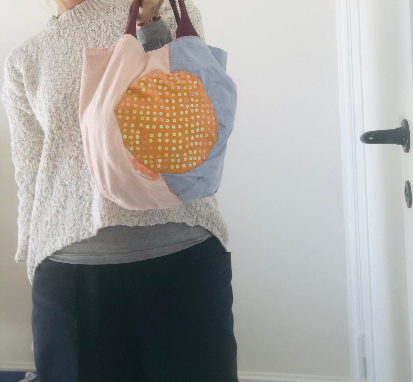 Taske håndsyet taske stof ægte læder håndtag slow fashion håndlavet 1701