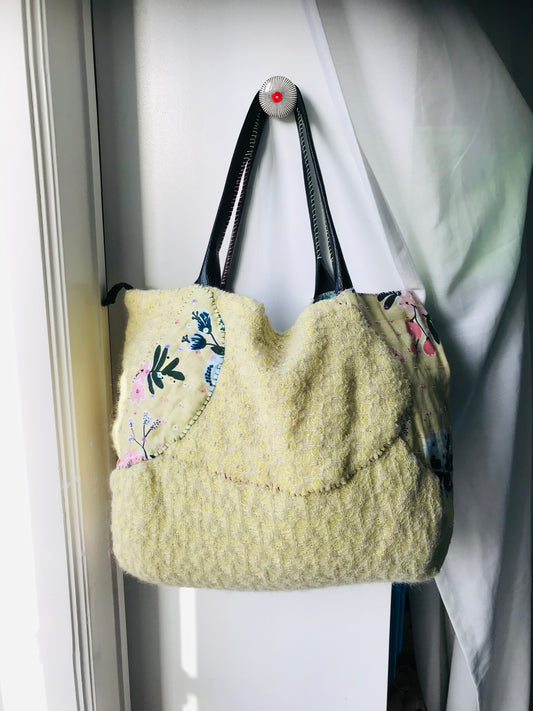 Taske håndsyet taske stof ægte læder håndtag håndlavet 1634