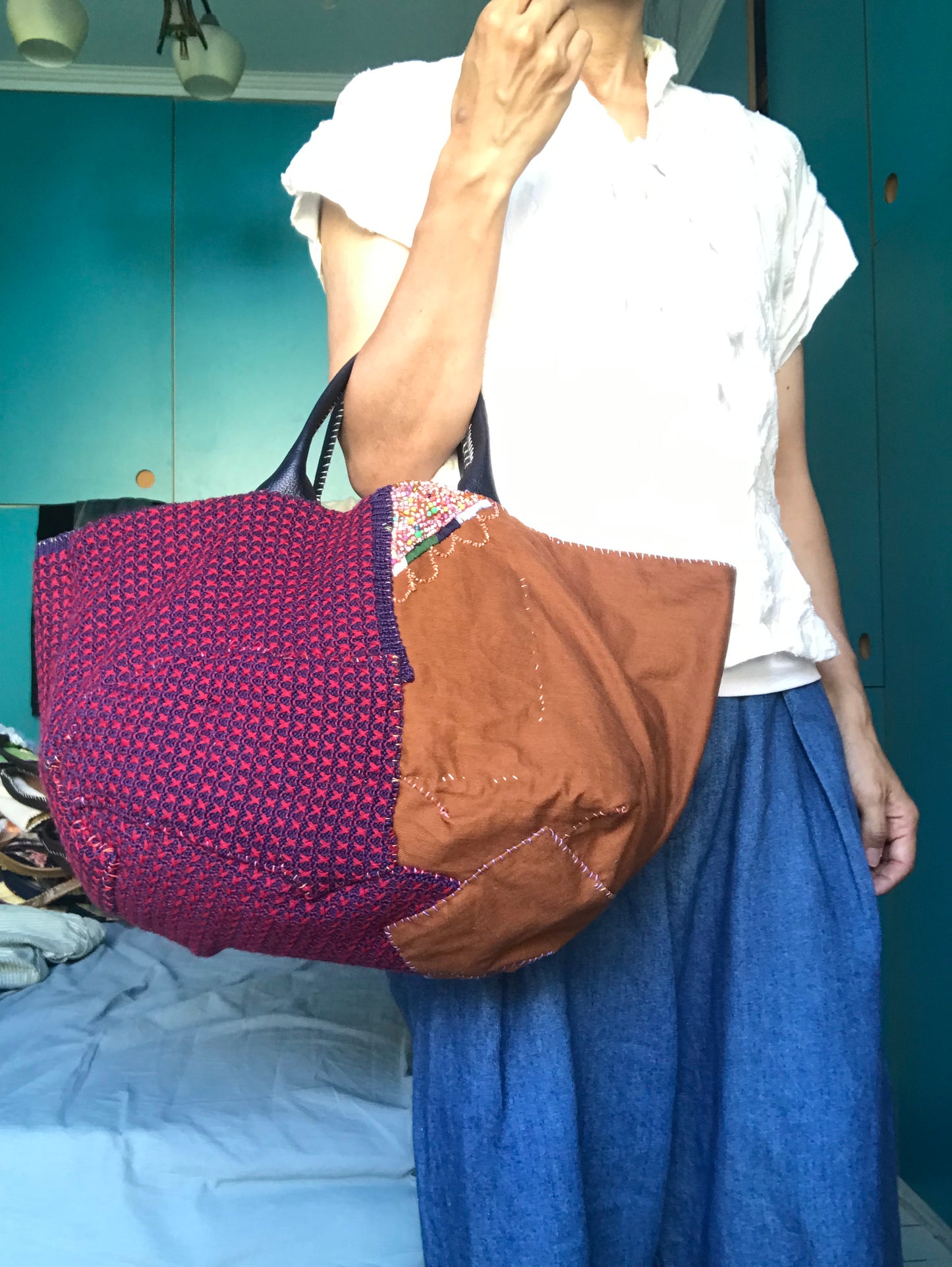 Bag 手縫のバッグ 布製 本革 持ち手 ハンドメイド 1557