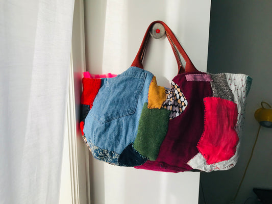 Taske håndsyet taske stof ægte læder håndtag håndlavet 1622