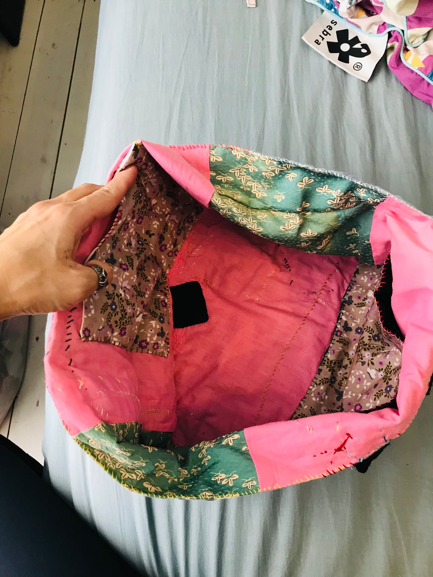 Taske håndsyet taske stof ægte læder håndtag håndlavet 1633