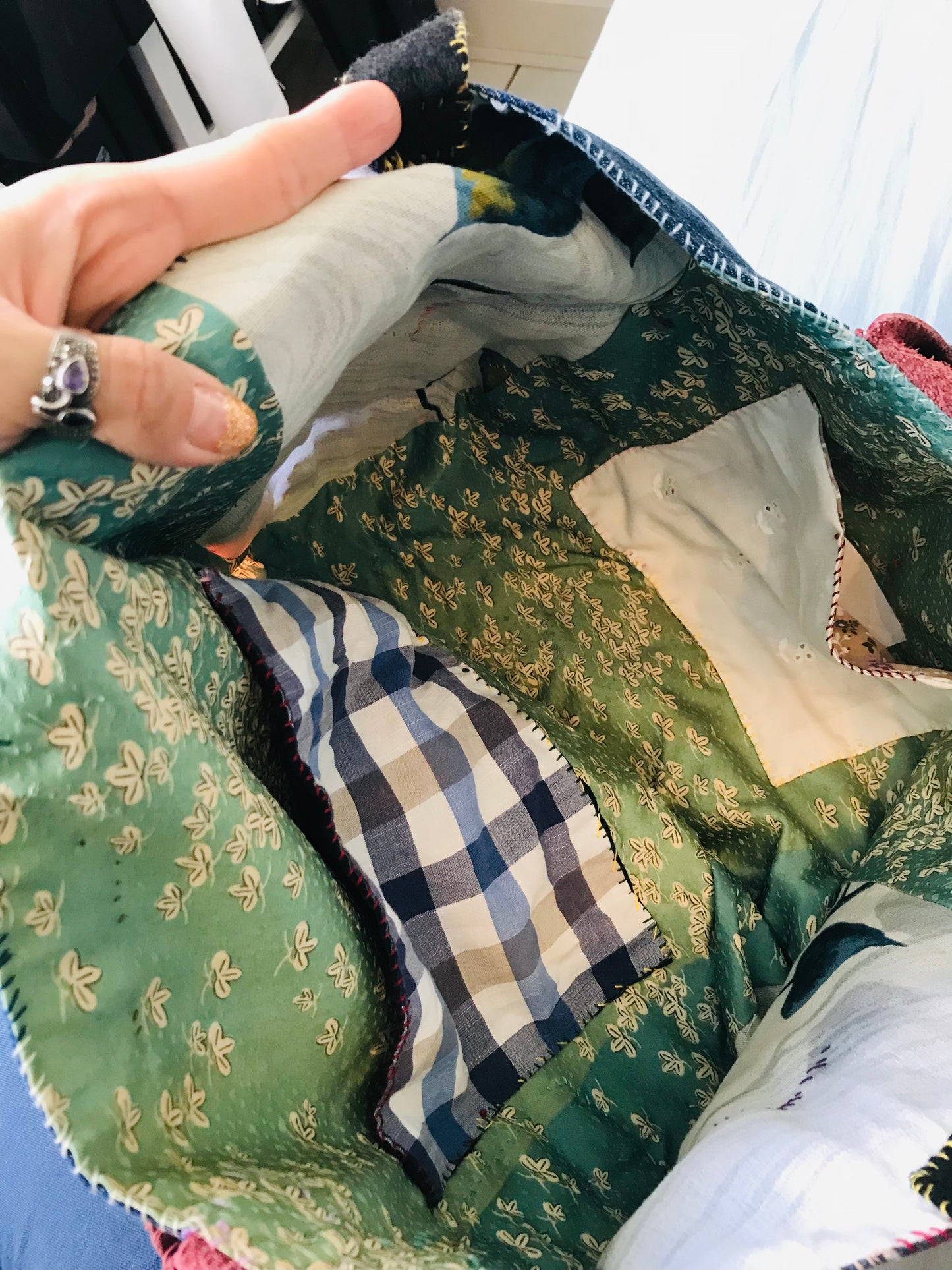 Taske håndsyet taske stof ægte læder håndtag håndlavet 1631