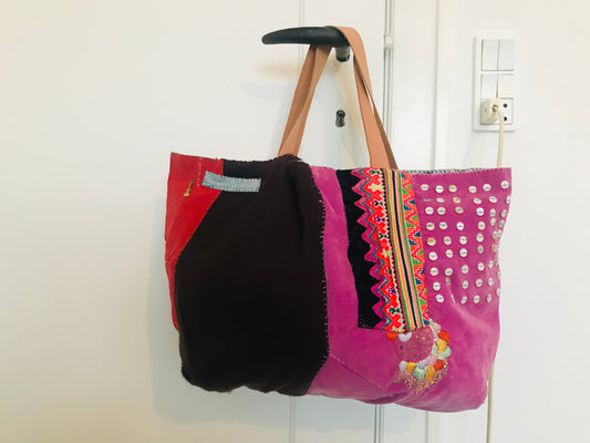 Taske håndsyet taske stof ægte læder håndtag slow fashion håndlavet 1686