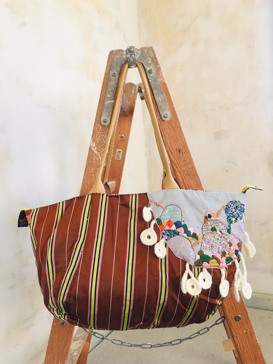 Taske håndsyet taske stof ægte læder håndtag slow fashion håndlavet 1694