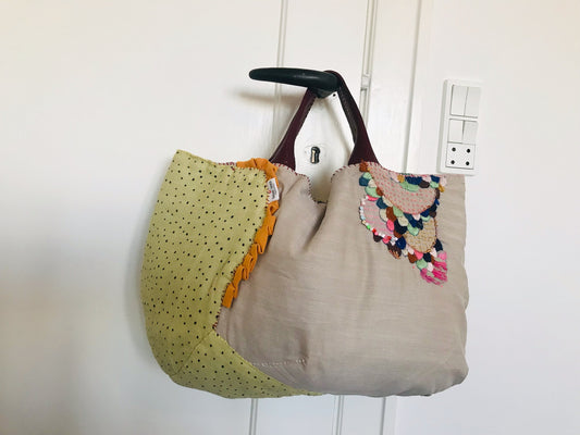 Taske håndsyet taske stof ægte læder håndtag slow fashion håndlavet 1667