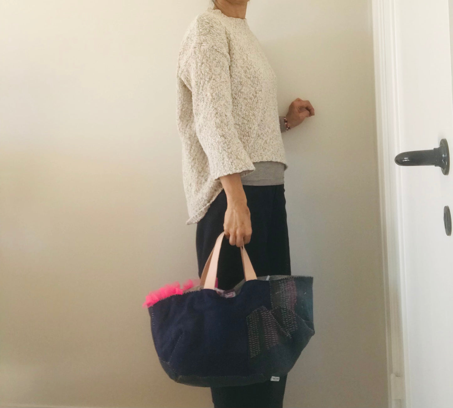 Taske håndsyet taske stof ægte læder håndtag slow fashion håndlavet 1697