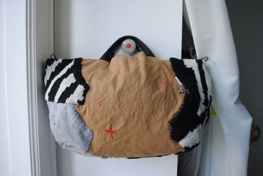 Bag 手縫のバッグ 布製 本革 持ち手 ハンドメイド 1570、