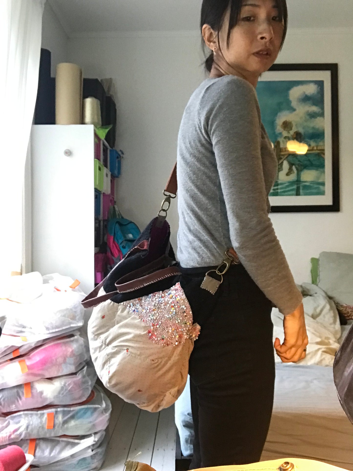 Taske håndsyet taske stof ægte læder håndtag håndlavet 1614